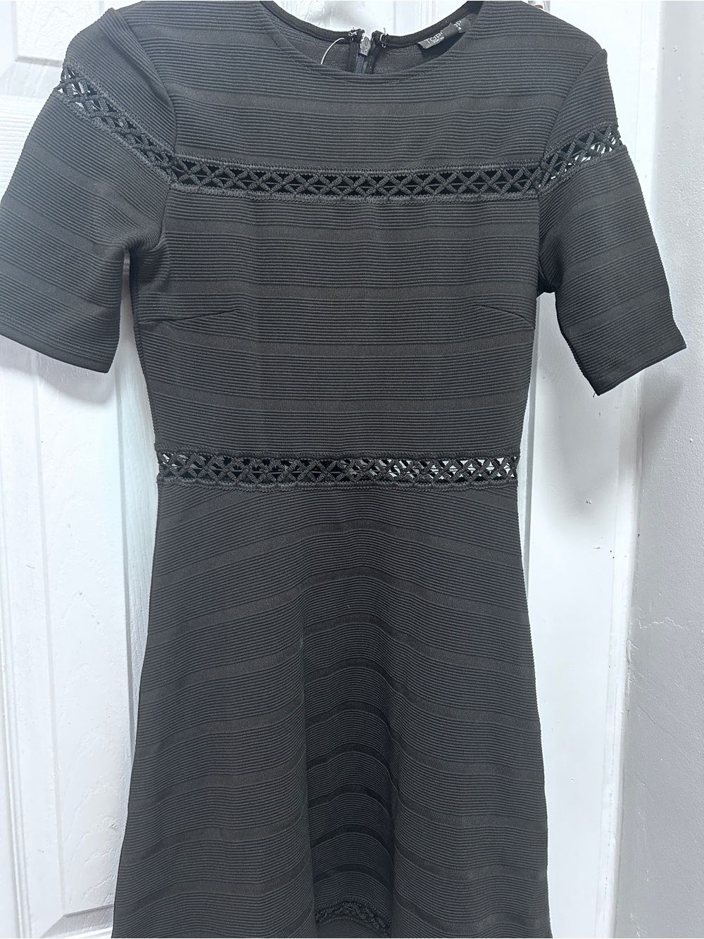 Topshop Gray Short-Sleeve A-Line Dress with Lace Trim